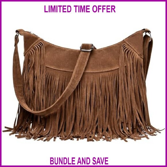 Vintage Vegan Suede Hobo Crossbody Bag with Fringe Tassels, Multi-Pocket - Picture 2 of 8